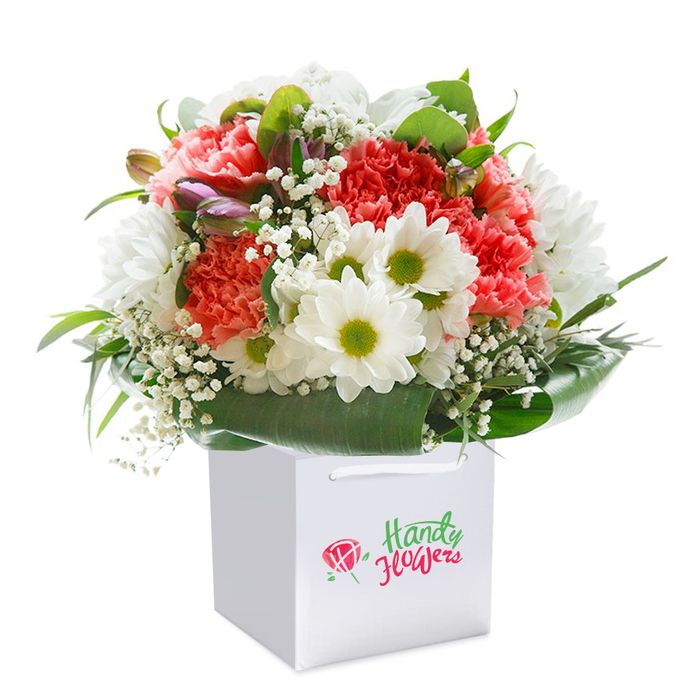 Carefully crafted amidst the vibrant atmosphere of Vauxhall, this beautiful bouquet sits upright in a pristine white square gift bag, displayed against a pure white background. The arrangement is centered around lush coral-pink and vivid red carnations, immediately recognized by their soft, ruffled petals bringing depth and gentle movement. Peppering the bouquet are pure white daisies with striking lime-green centers, their cheerful faces catching the light and bringing to mind the urban gardens dotted along Vauxhall's riverside walks. Sprigs of delicate white baby's breath weave a misty, ethereal texture among the heartier blooms. At the left edge, discreet purple-tipped buds peek out, still closed, adding anticipation to the vibrant gathering. Encasing the bouquet is a ring of broad, glossy deep green foliage that forms a natural, protective base, echoing the leafy canopies of Vauxhall's green squares. The arrangement is composed in a full, rounded silhouette, reflecting both generosity and professional precision. The neat white gift bag, complete with ribbon handles for convenient carrying, highlights the bouquet's readiness for delivery-from office surprise on Albert Embankment to weekend celebration off South Lambeth Road. Every detail, from the tonal balance to the tactile interplay of textures, reveals a florist's mastery and artistic eye, bringing the warmth and vitality of Vauxhall's community to every recipient.
