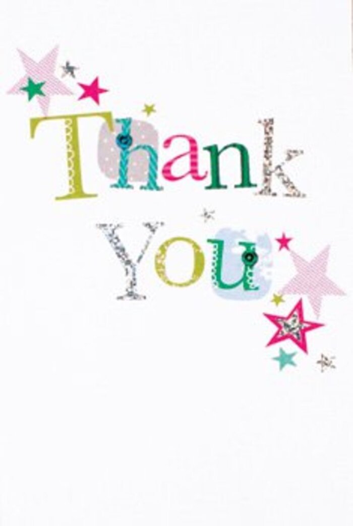 This thank you card is shaped by a quiet exuberance that suits Vauxhall's blend of modern style and neighbourly warmth. The playful arrangement of letters tells its own story, some adorned with whimsical dots or dancing curves, others with sophisticated, melodic sweeps. A constellation of stars-striped with shimmering pinks, awash in rich turquoise, or silver-bright-gathers near the text as if blessing the words. The layout feels breezy and contemporary, reminiscent of the fresh air and leafy avenues by Vauxhall Park or the shifting light across the Thames. The crisp, white backdrop adds an airy polish, animating the gentle stardust that brings the card to life. Balancing formality and levity, this card is universally appealing, a gesture that would be equally at home paired with vibrant local flowers or as a handwritten note passed between neighbours. Its warmth and balance mirror the spirit of Vauxhall-uplifting, memorable, and marked by genuine thanks.